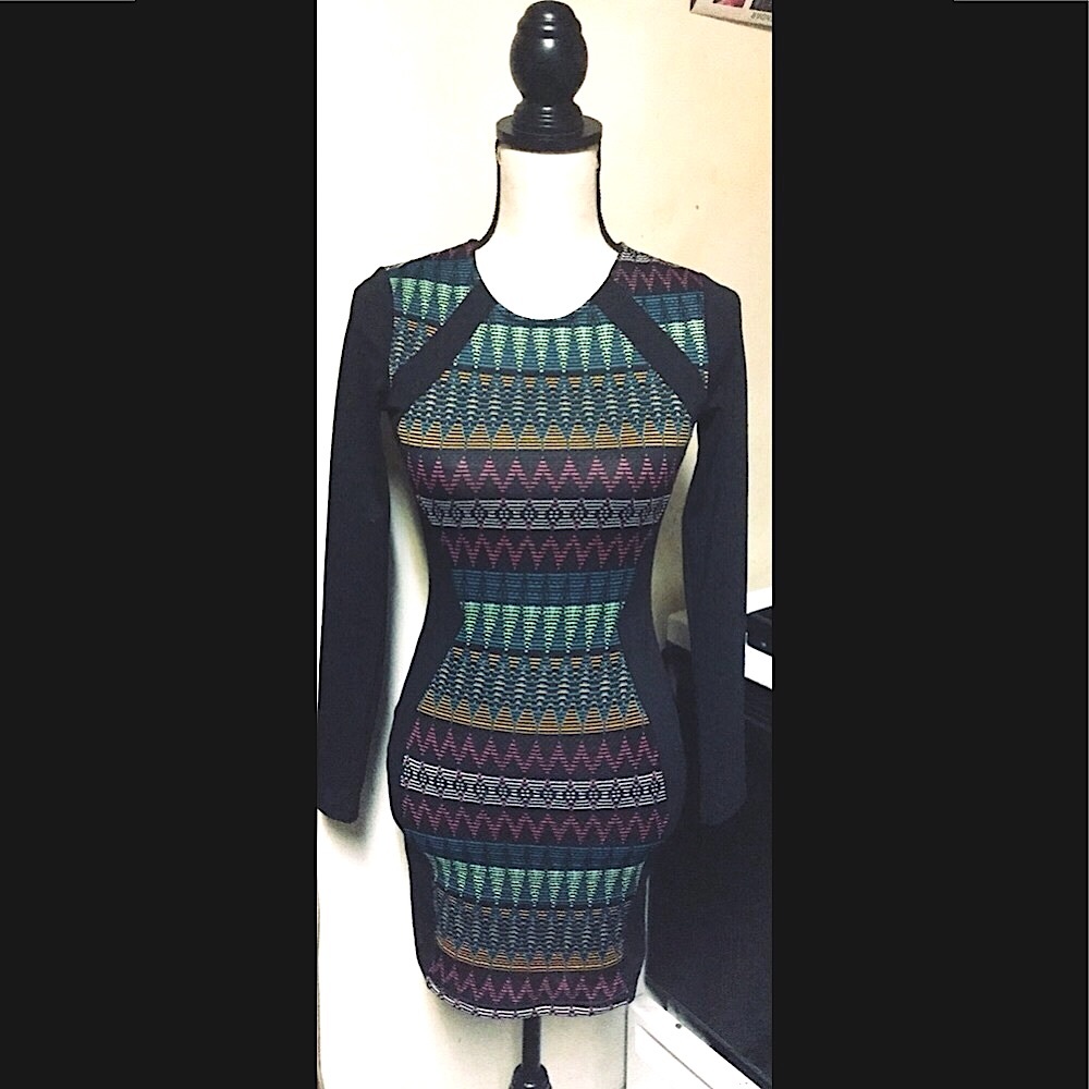 Bodycon Dress, Black w/ Colored Zagging Stripes, 2